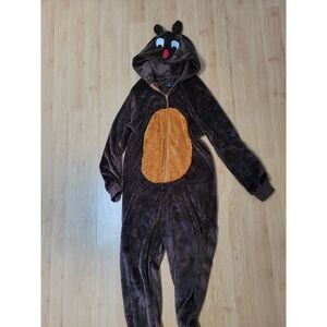 Forever 21 Men Reindeer Onesie Hooded Plush Christmas Pajamas Brown XL